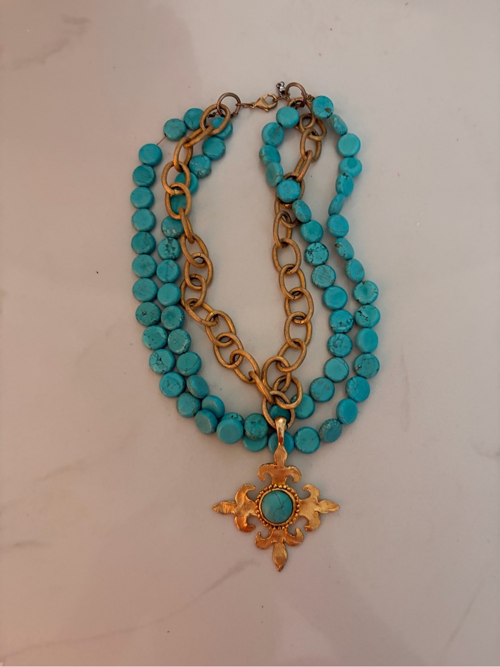 Susan Shaw Turquoise Bead Multi-Strand Necklace with Gold Pendant